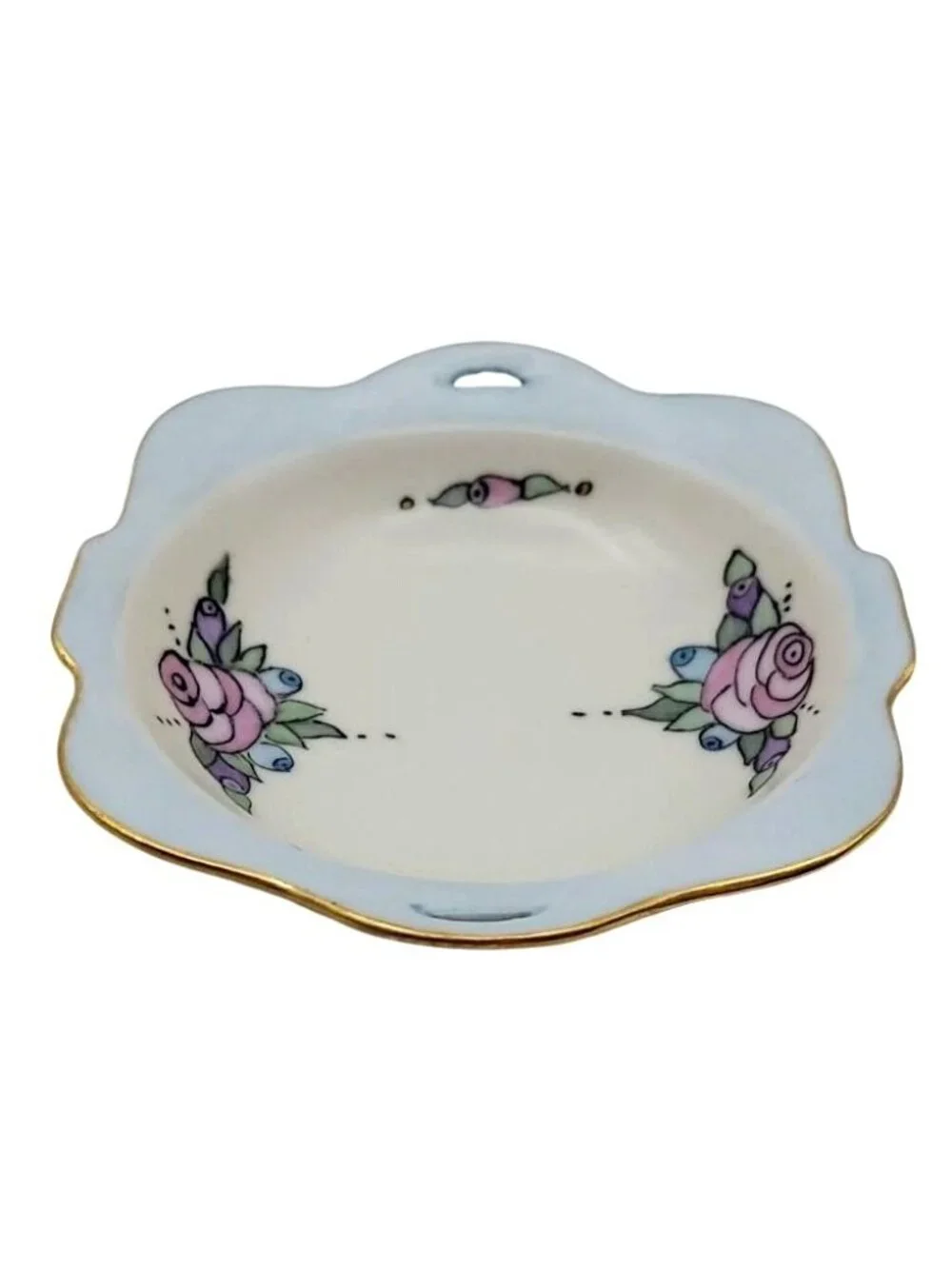 Japanese Hand Painted Porcelain Floral Finger Bowl Cut-Out Handles Vintage